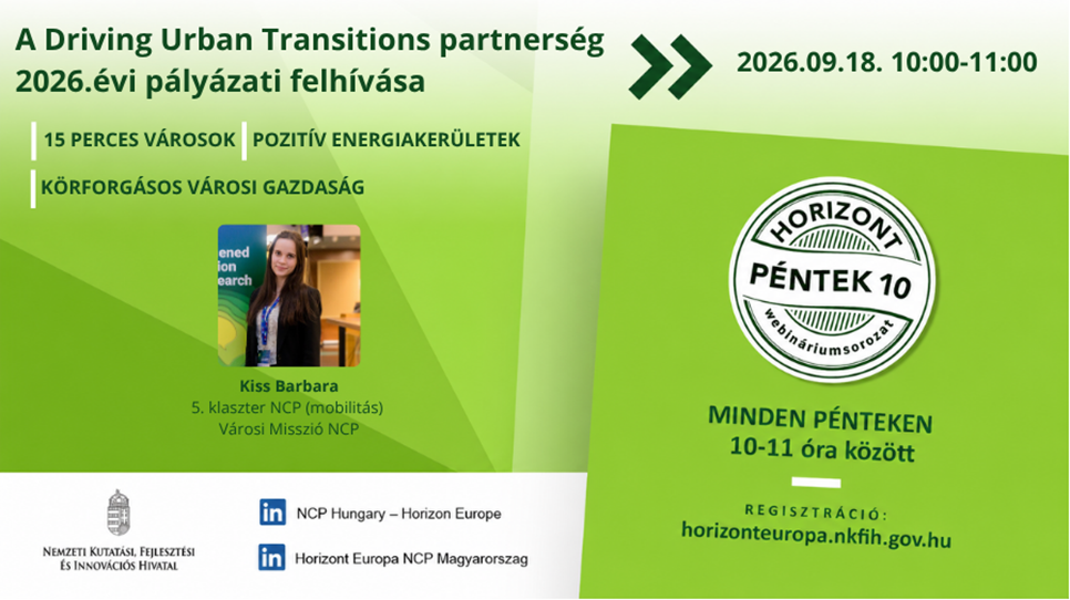 HorizontPéntek10 - A Driving Urban Transitions partnerség 2026. évi pályázati felhívása (2026. szeptember 18.)